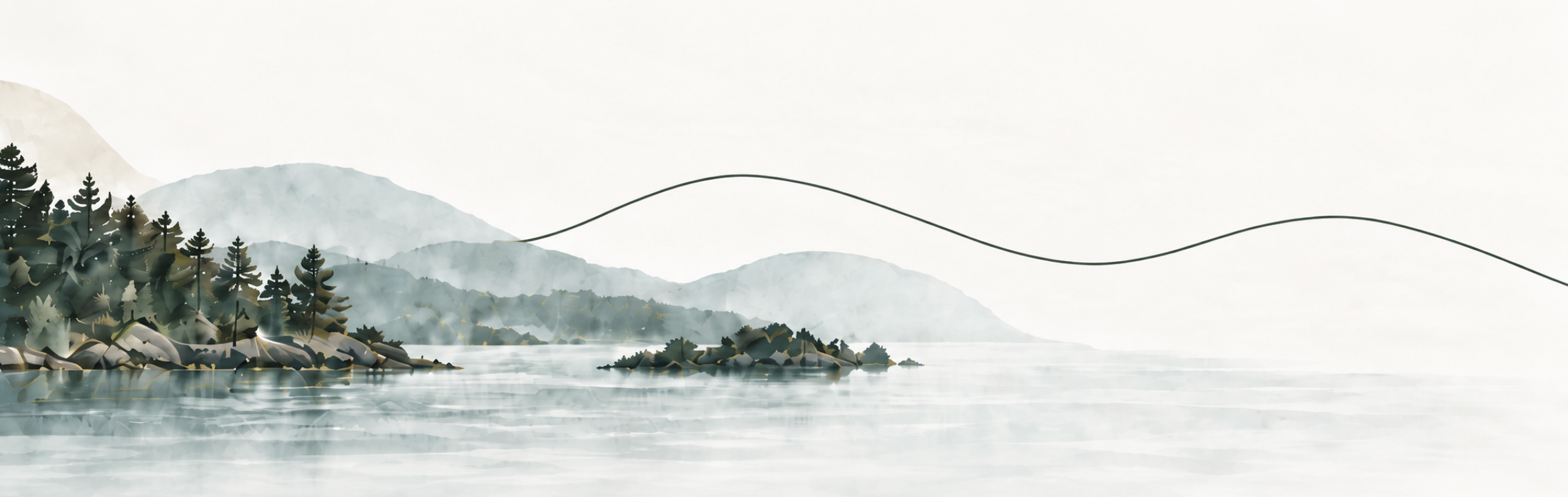 A calm watercolor coastal landscape with forested islands and mountains across the water
